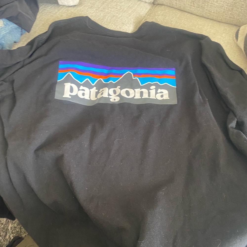 Patagonia Black Logo Shirt with Blue and Purple Accents